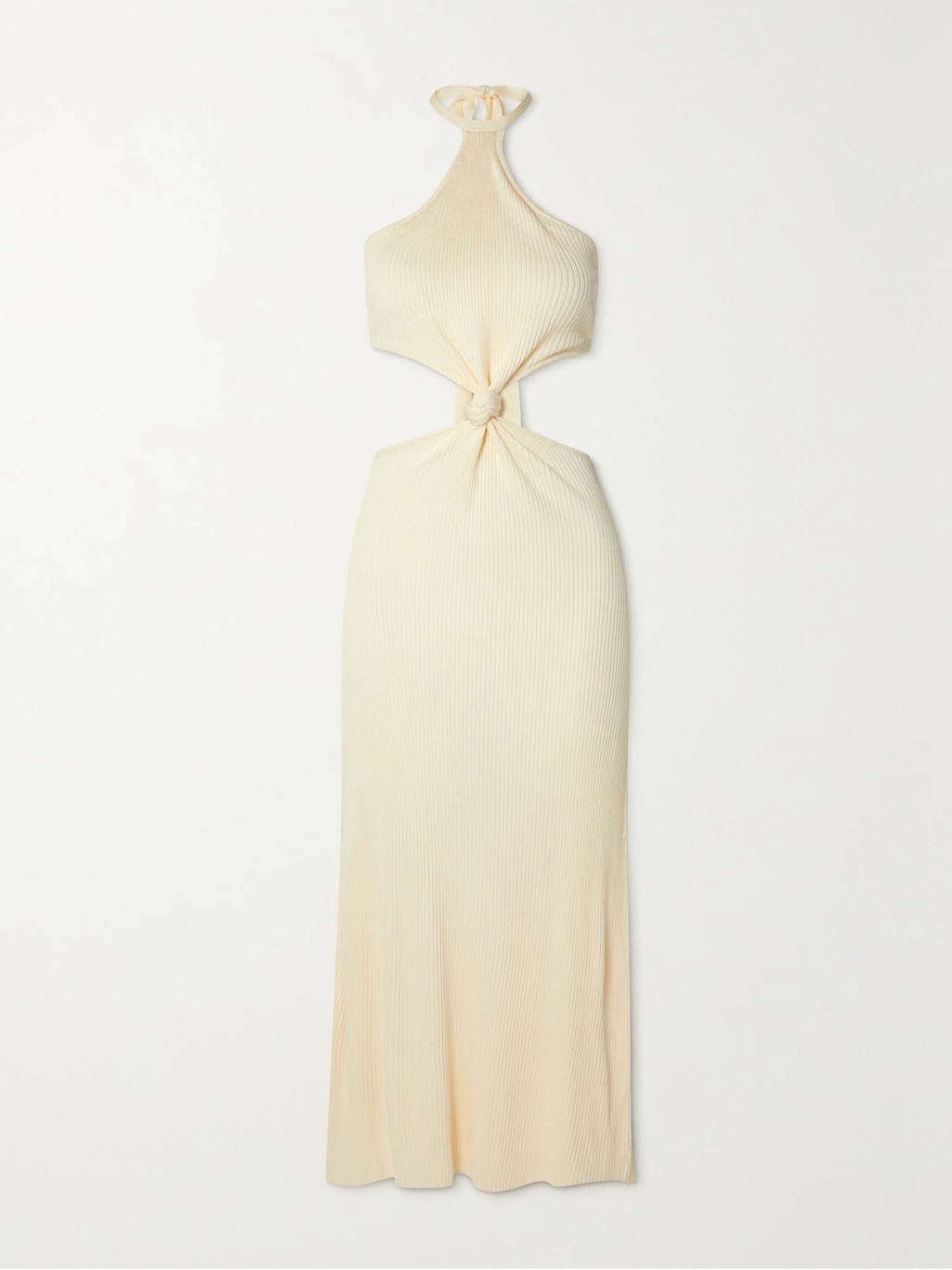 Cult Gaia Cream Ribbed Halter Maxi Dress With Front Knot Cutout